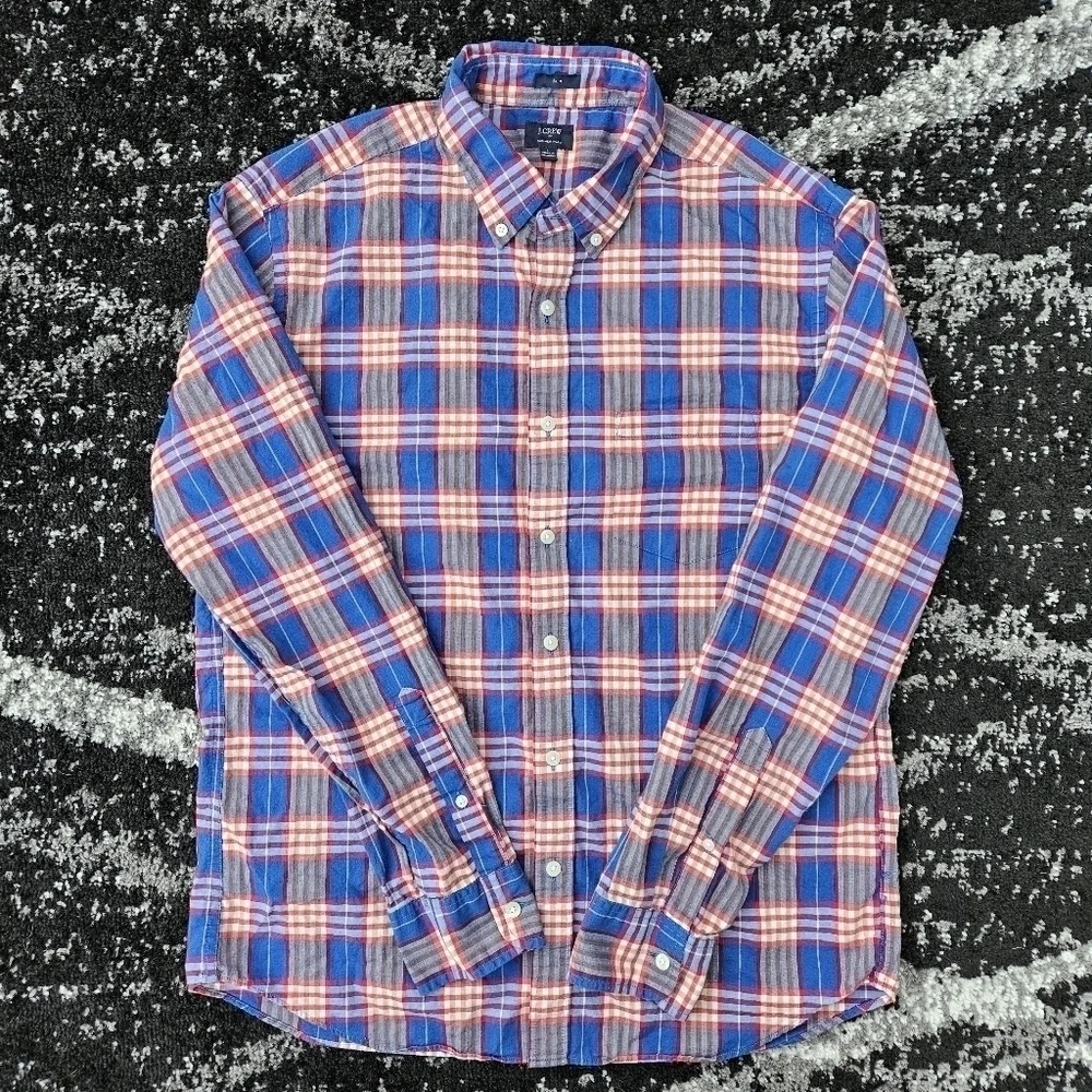 J. CREW 100% Cotton Summer Plaid Slim Fit Button Down LS Shirt Red Blue Mens LG